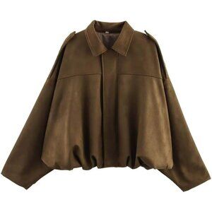 Women's Faux Suede Bomber Jacket Long Sleeve Spring Lapel Pilot Coat Casual Over